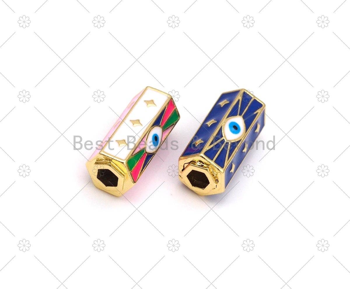 Enamel Evil Eye North Star On Hexagon Shape Large Hole Tube Spacer Beads, 18K Gold Filled Drum Barrel Beads,10x22mm, Sku#Y522: 1 White / 1pc
