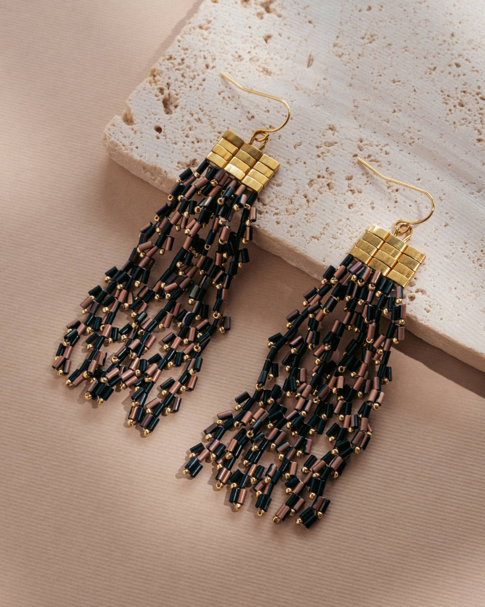 Beaded Handwoven Cascade Fringe Earrings