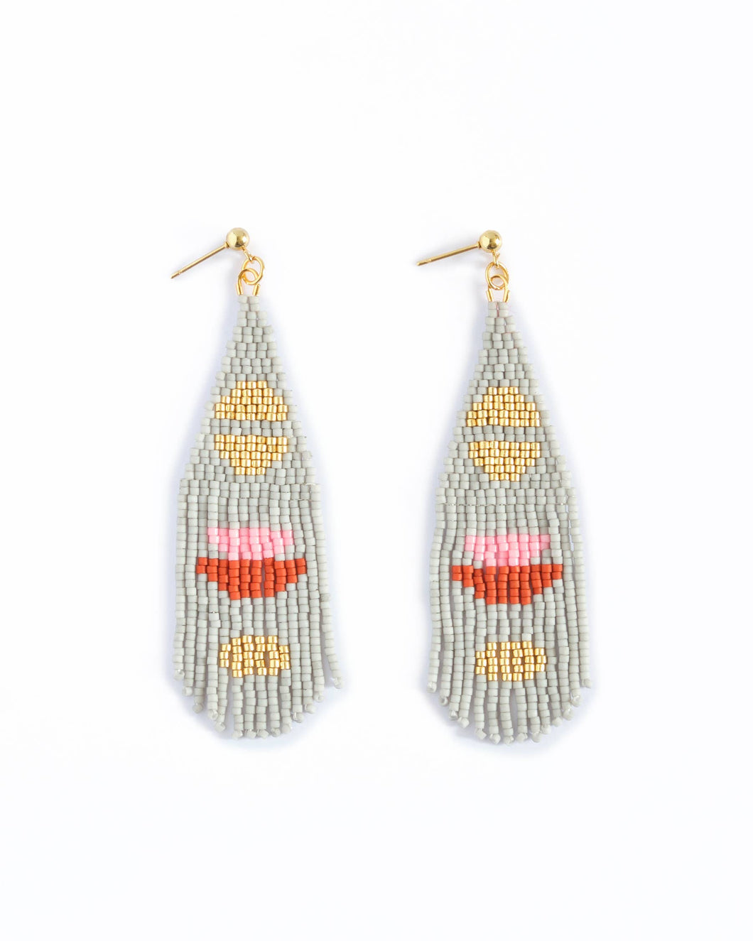 Grey Boho Half Moon Fringe Earrings