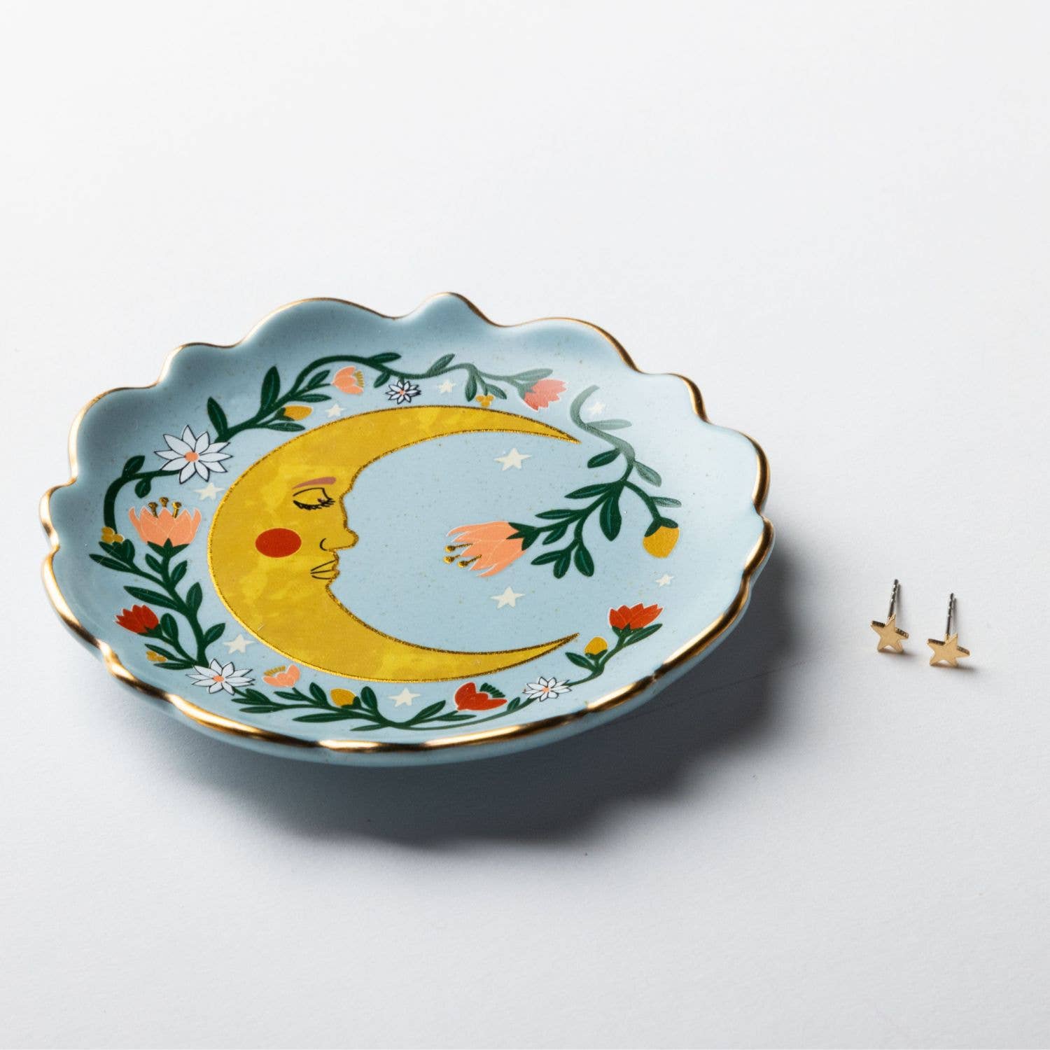 Jewelry Dish & Stud Earring Set - Flower Moon/Blue