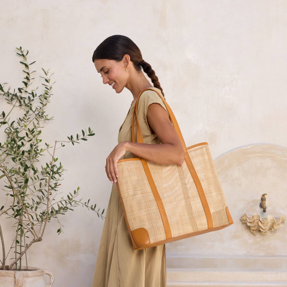 Oversized Rattan Square Weave Tote - Brown Leather