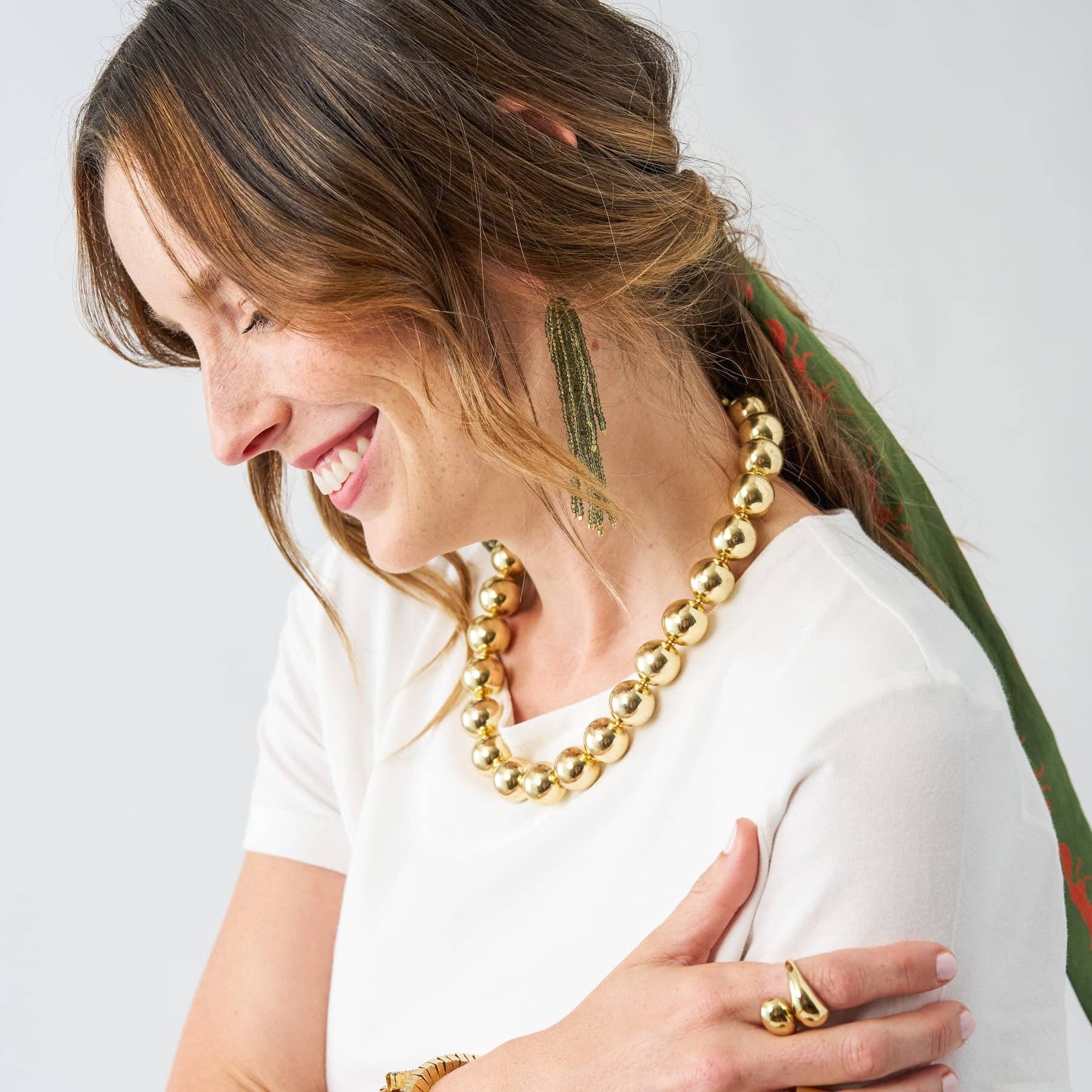 Marissa Brass + Bead Fringe Earrings Olive