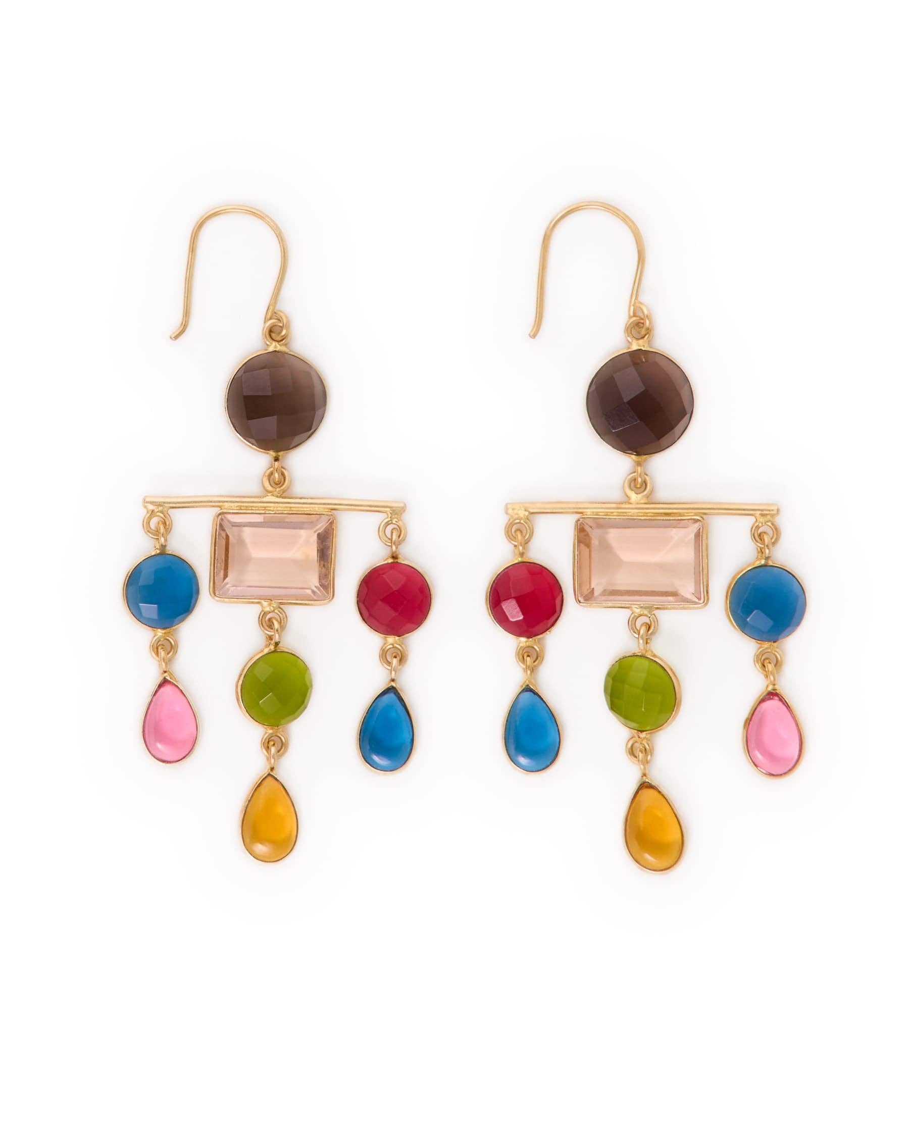 Estelle Large Chandelier Glass + Smoky Quartz Stone Earrings Brass