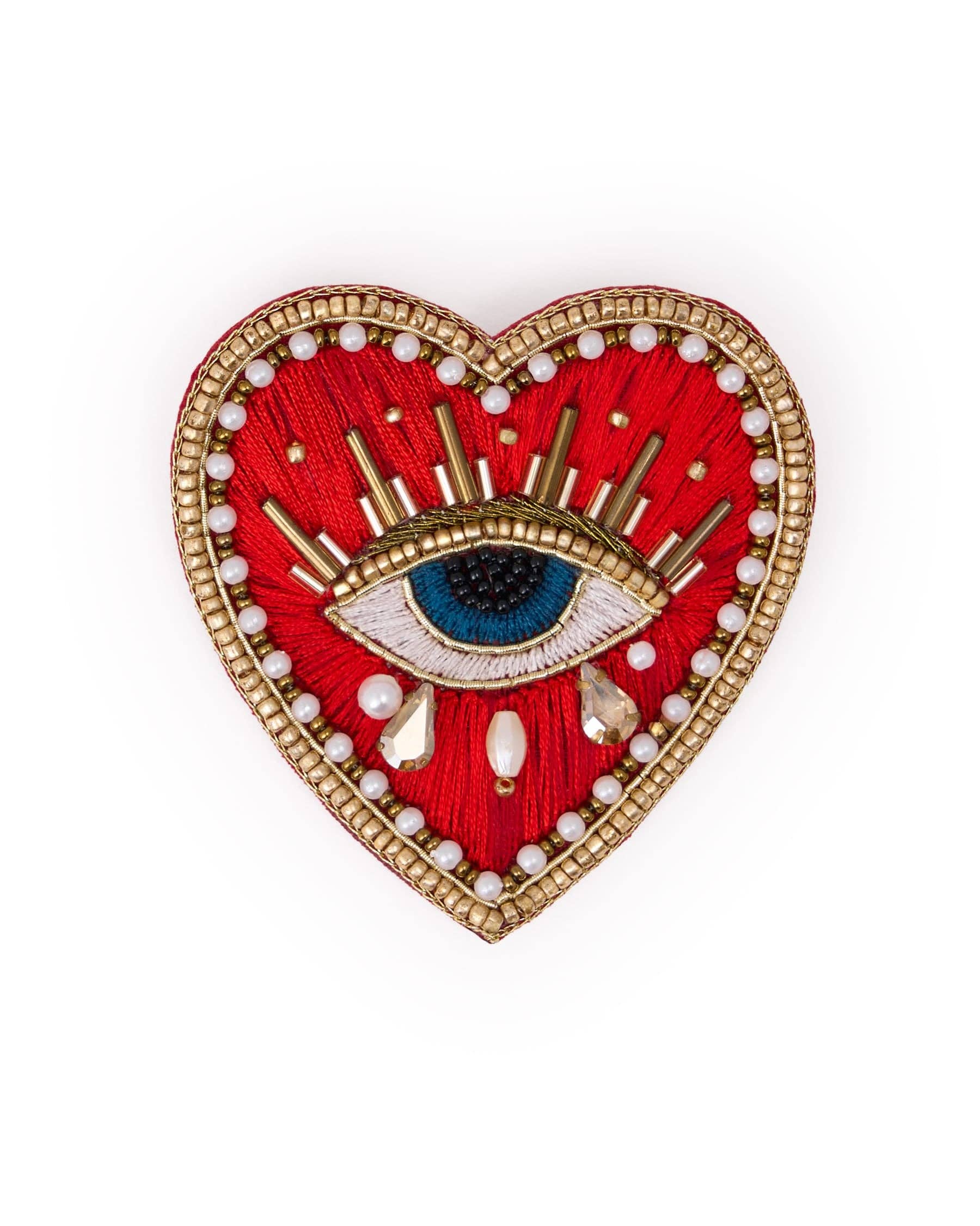 Avery Heart Eye Beaded Embroidered Brooch Red