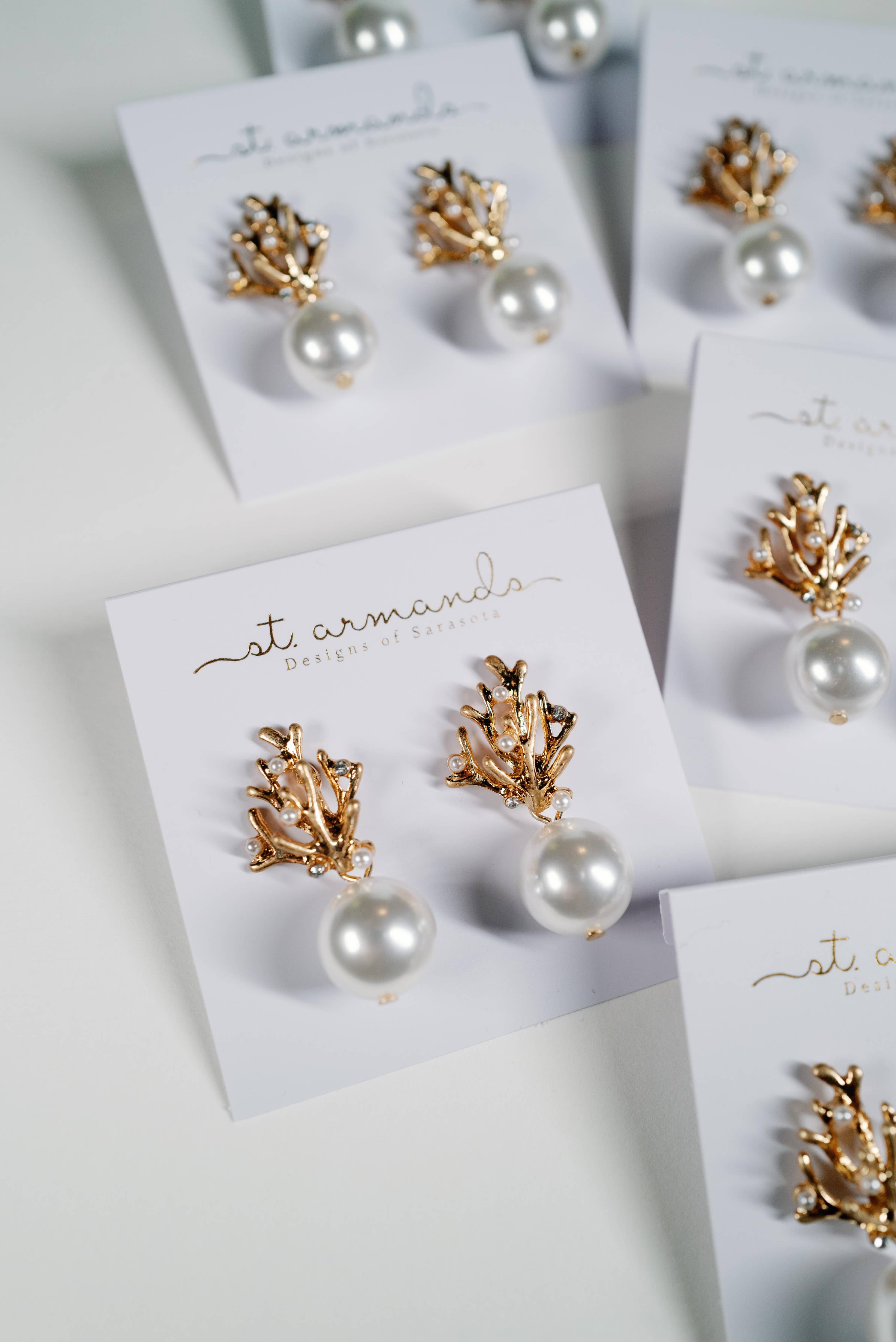 Pearl and Gold Coral Mini Statement Earrings