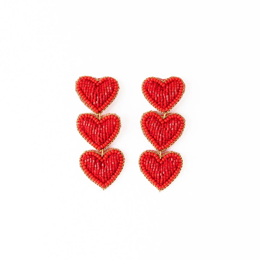 Haddie 3 Heart Drop Earrings Red