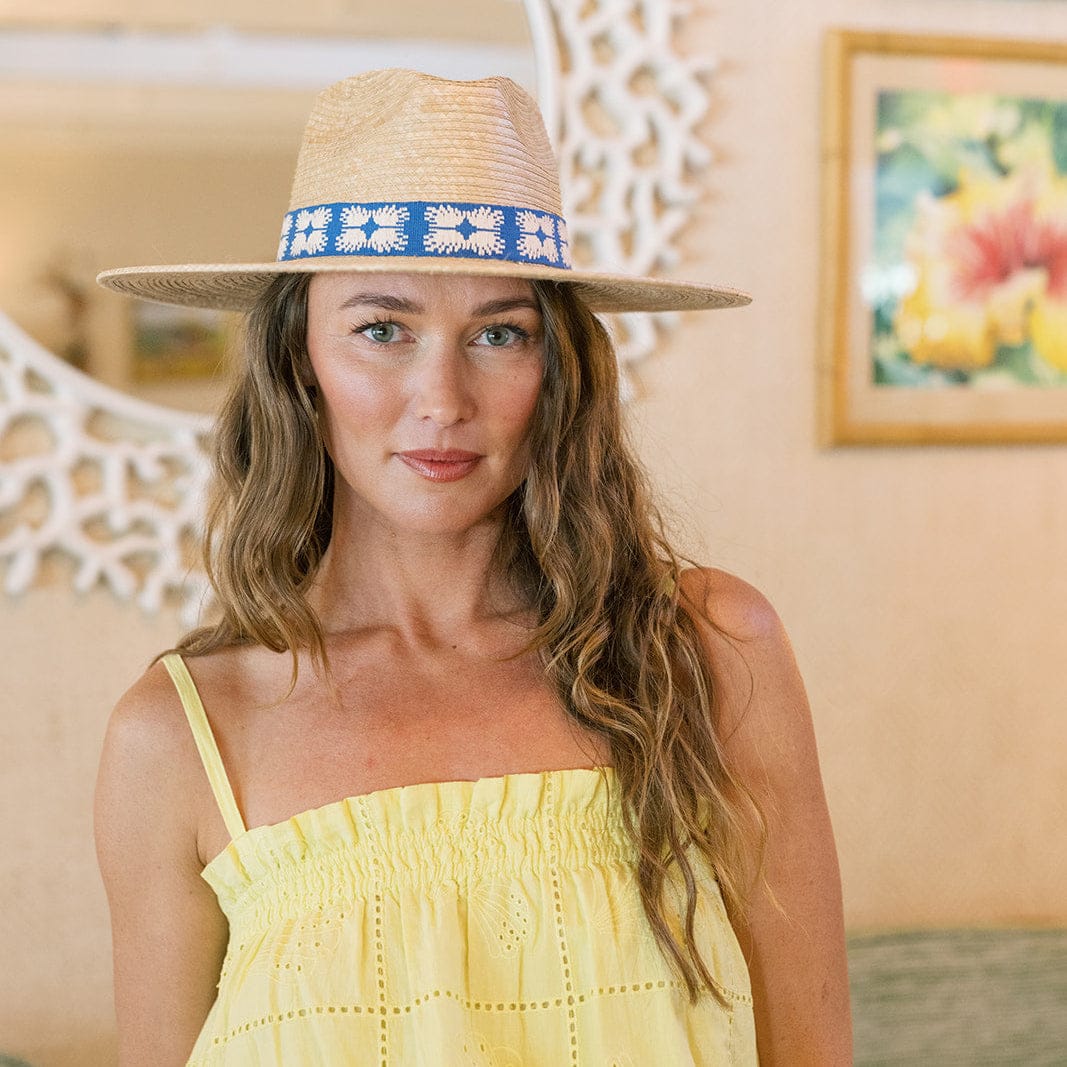 Navy Flora Tile Palm Hat Sunshine Tienda