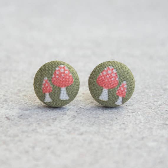 Retro Mushrooms Fabric Button Earrings