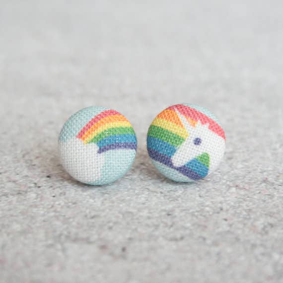 Rainbow Unicorn Fabric Button Earrings