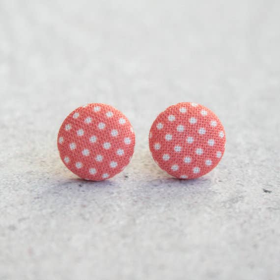 Red and White Polka Dot Fabric Button Earrings