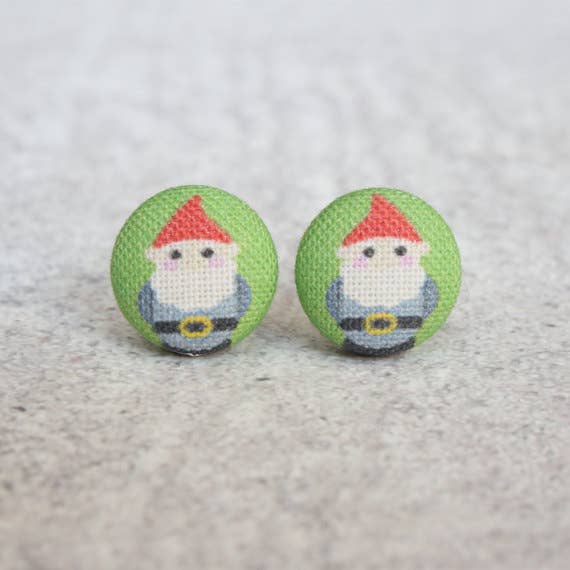 Lawn Gnome Fabric Button Earrings