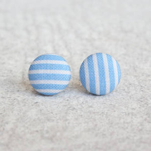Blue Stripes Fabric Button Earrings