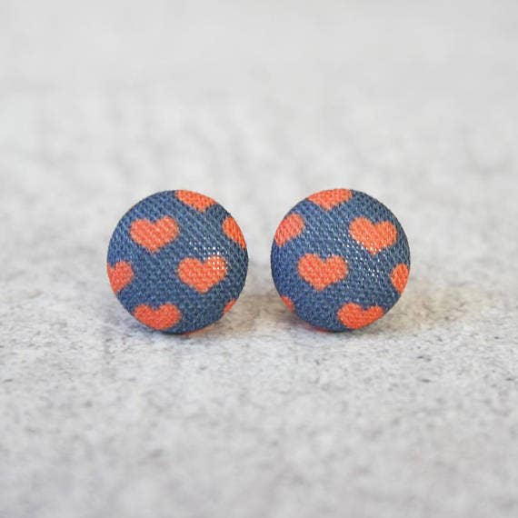Tiny Red Hearts on Navy Fabric Button Earrings