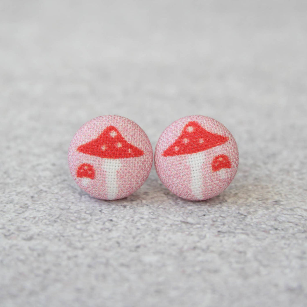 Pink Mushroom Fabric Button Earrings