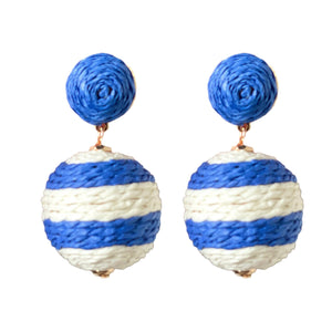 Blue and White Striped Lido Pom Pom Earrings